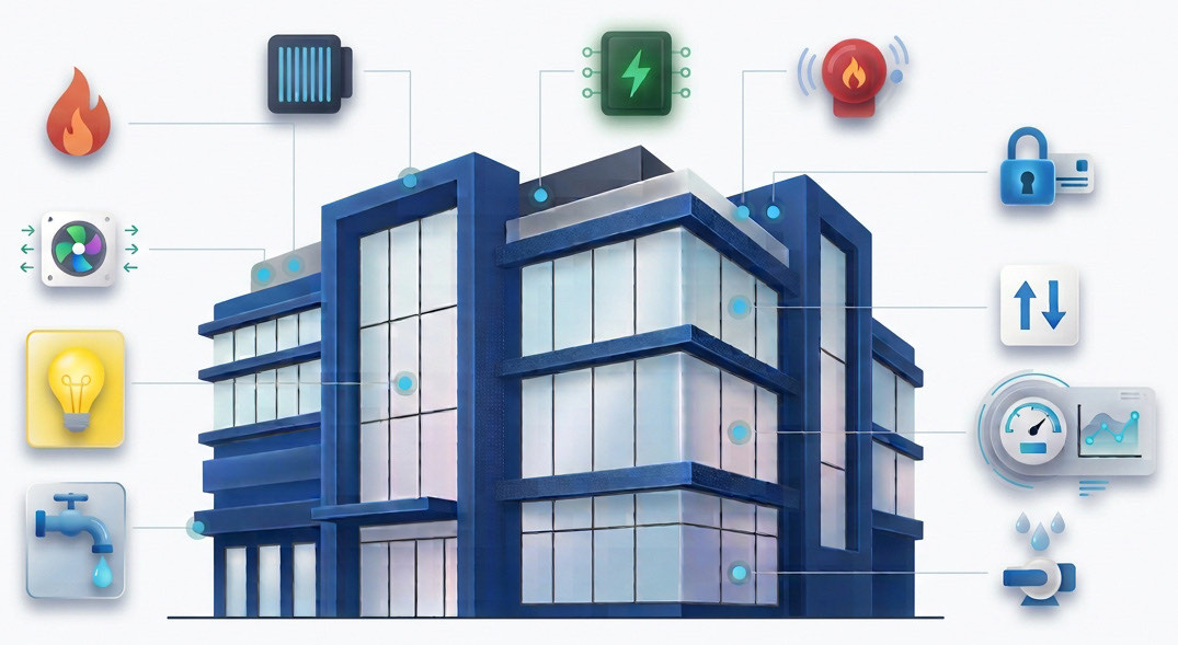 Illustration of a commercial building connected to the systems monitored in a BMS: heating, cooling, lighting, hot water, electricity, fire safety, access control, elevator, energy and stormwater
